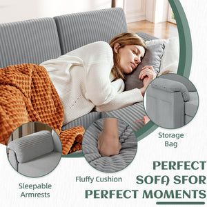Convertible Sectional Couches Sofa, 3 Seat L Shaped Sofa with Removable Pillows Soft Corduroy Fabric Small Couch Mid Century for Living Room, Bed Room, Apartment and Office (Light Grey)