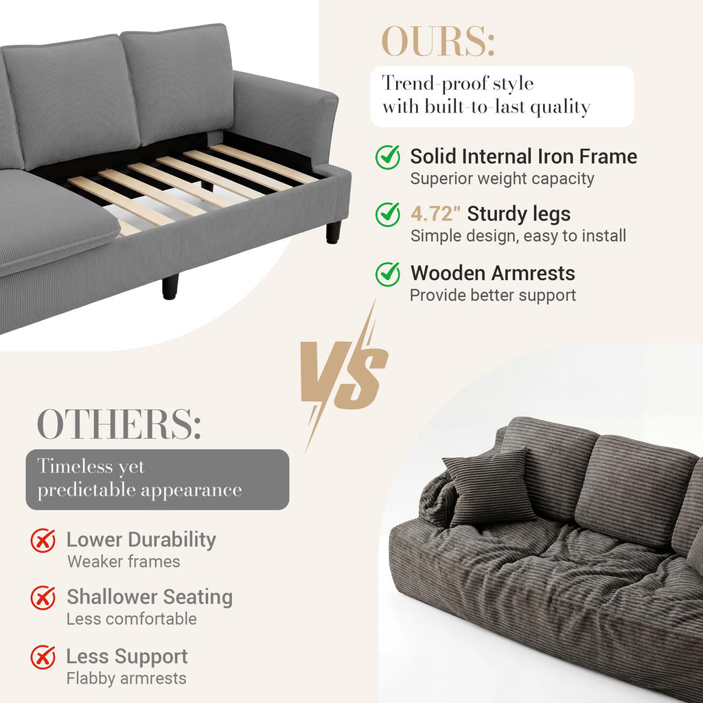 3 Seater Corduroy Couch, 89" Comfy Couch with Deep Seat, Modern Sofa Couch for Living Room, Office, Bedroom, Apartment (Pillows not Included)