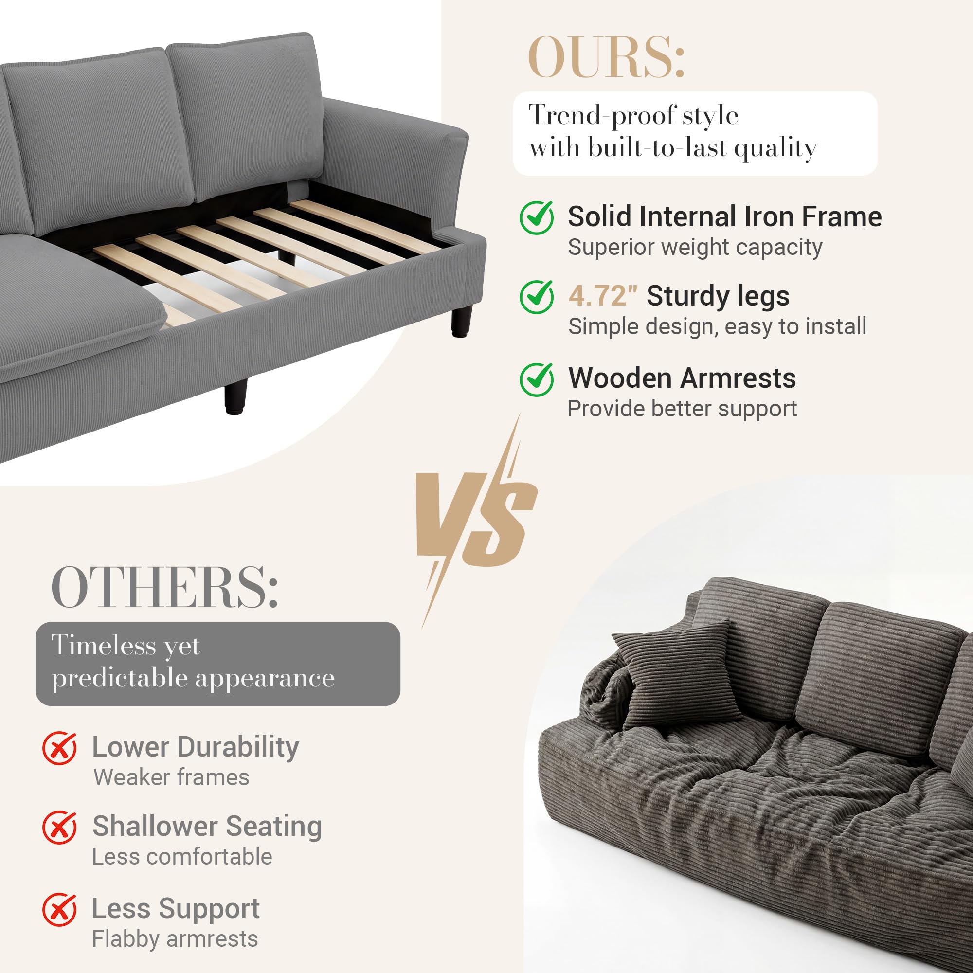 3 Seater Corduroy Couch, 89" Comfy Couch with Deep Seat, Modern Sofa Couch for Living Room, Office, Bedroom, Apartment (Pillows not Included)