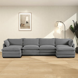 148'' Sectional Cloud Couch with 2 Ottomans, Oversized 4 Seat Sleeper Sofa with 2 Throw Pillows, Convertible Upholstered U Shaped Cozy Sofa Furniture Set for Living Room and Office, Dark Grey