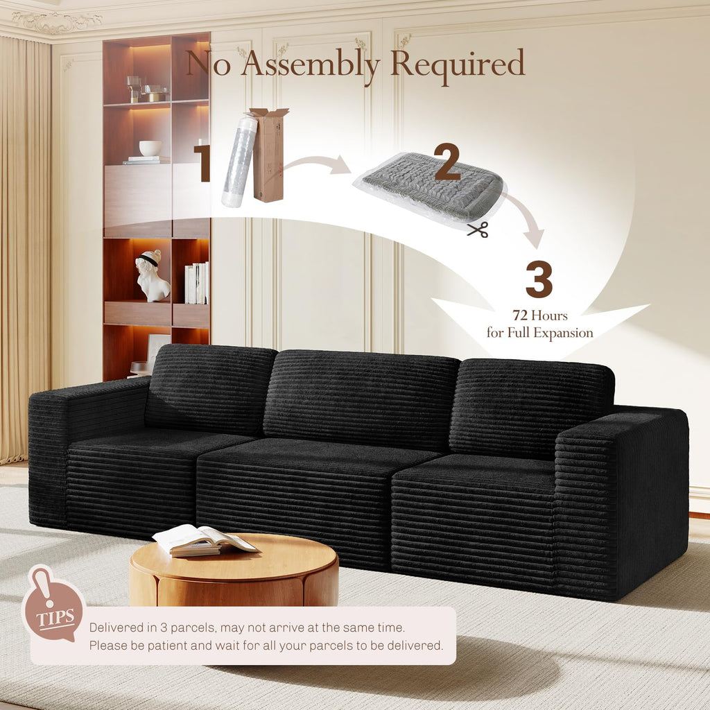 119" Modular Sectional Sofa, Corduroy Cloud Couch with Deep Seating & Spring Support, 3 Seater Flexible Layout Sofa, Boneless Couch for Living Room & Apartment, No Assembly Required, Black