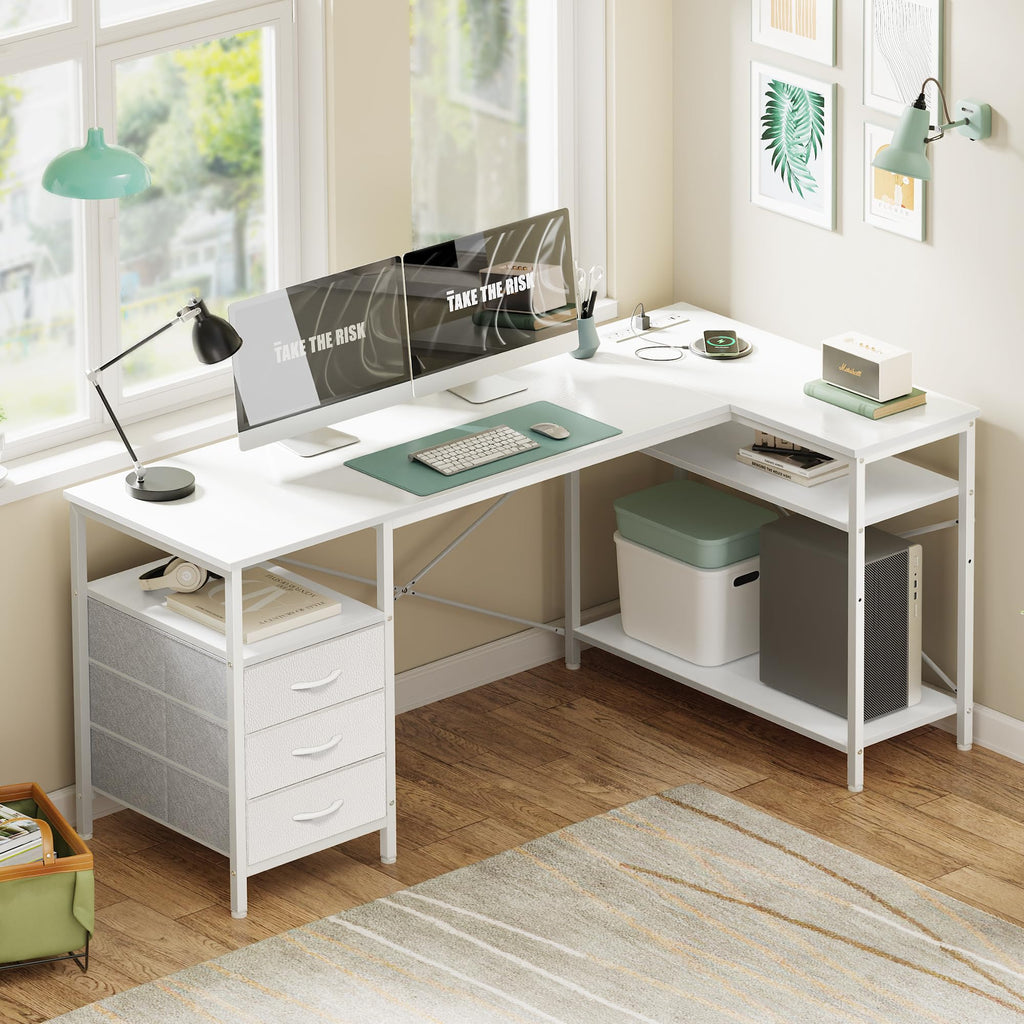 L Shaped Office Desk with Power Outlets, 55 Inch Computer Desk with 3 Drawers, Shelves, Reverisble for Gaming Corner Work Home Office Study, White