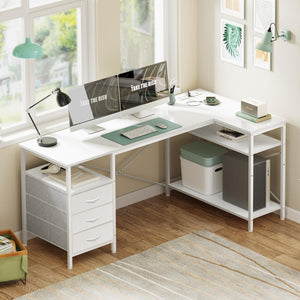 L Shaped Office Desk with Power Outlets, 55 Inch Computer Desk with 3 Drawers, Shelves, Reverisble for Gaming Corner Work Home Office Study, White
