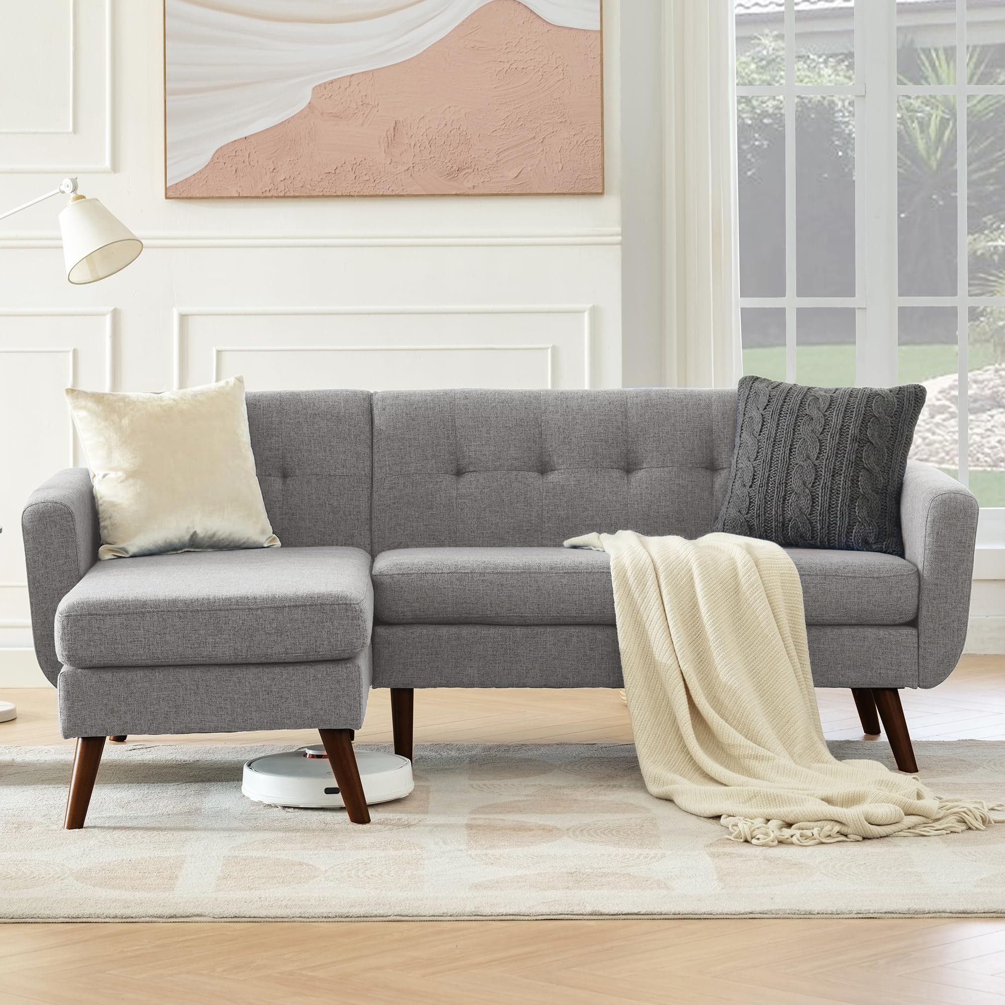 L Shaped Couch, 80" W Mid-Century Modern Sofa, Sectional Couches, 3 Seater Sofas with Wide Chaise Lounge, Button Tufted Upholstered Sectional Sofa for Living Room, Bedroom, Gray