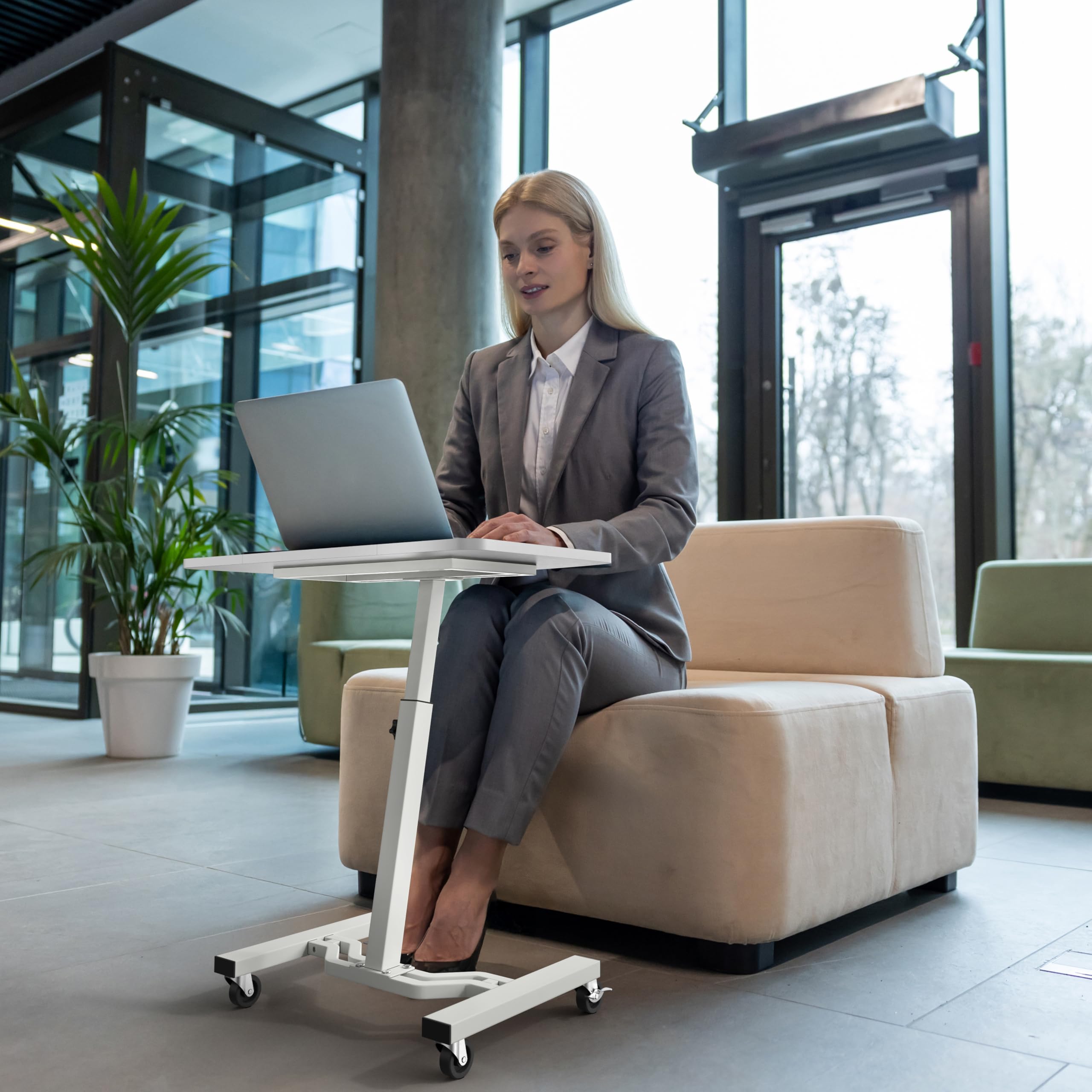Mobile Height Adjustable Laptop Rolling Cart with Height Adjustment from 28" to 33", White