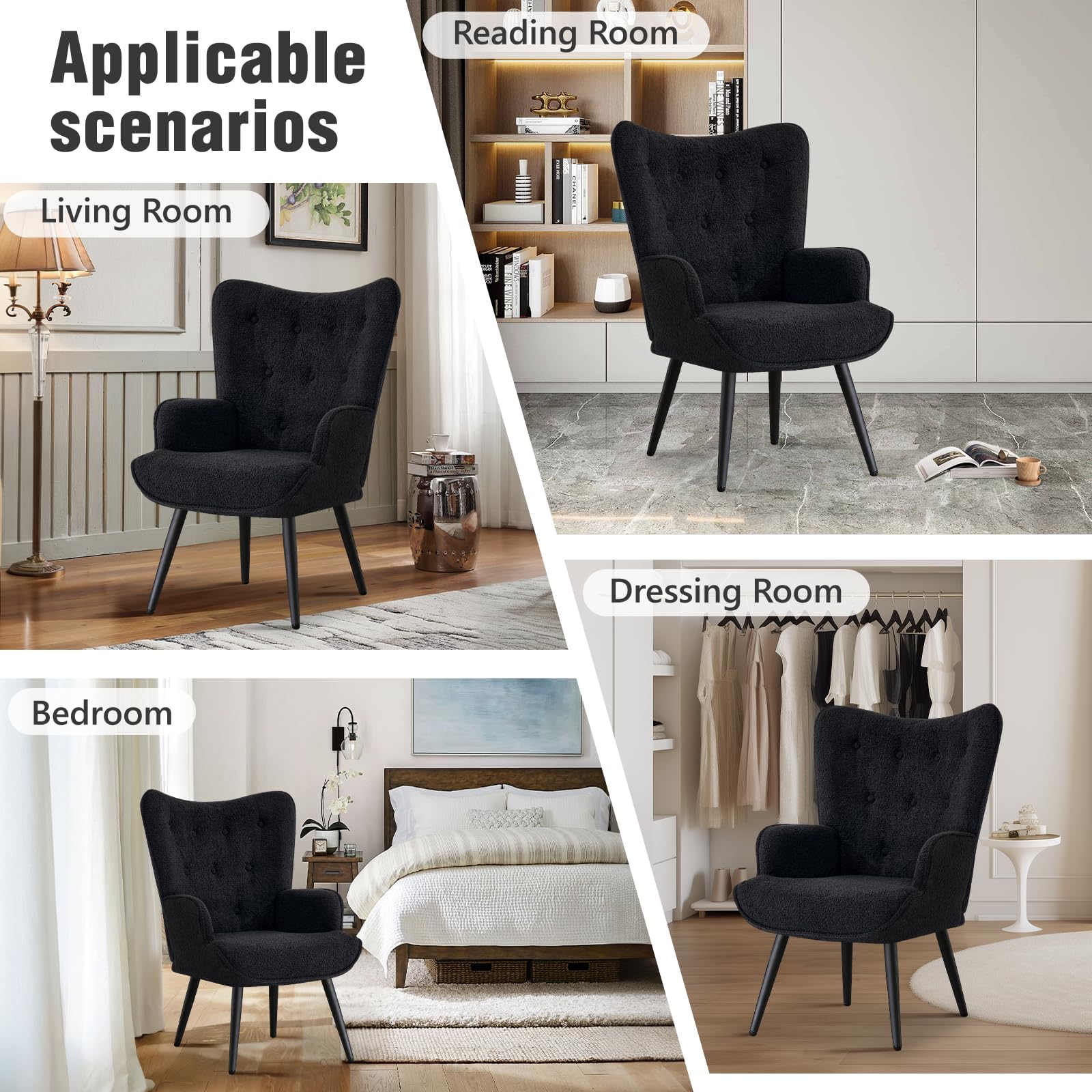 Boucle Accent Chair for Living Room, Upholstered Reading Chair with High Backrest, Tufted-Button Wingback Armchair for Bedroom, Dressing Room, Home Office, Black, Set of 2