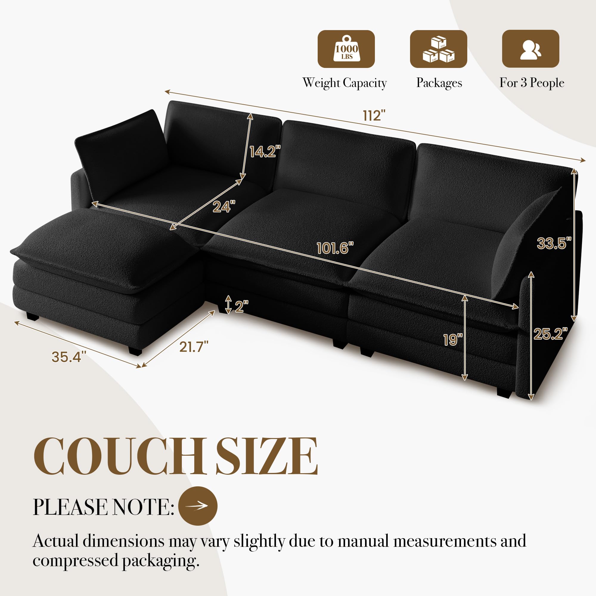 112'' Modular Sectional Cloud Couch with Movable Ottoman, 4 Seat Modern Chenille Sofa with 2 Throw Pillows, Deep Seat L Shaped Couch for Living Room Bedroom Apartment, Black