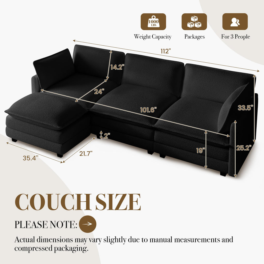 112'' Modular Sectional Cloud Couch with Movable Ottoman, 4 Seat Modern Chenille Sofa with 2 Throw Pillows, Deep Seat L Shaped Couch for Living Room Bedroom Apartment, Black