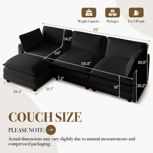 112'' Modular Sectional Cloud Couch with Movable Ottoman, 4 Seat Modern Chenille Sofa with 2 Throw Pillows, Deep Seat L Shaped Couch for Living Room Bedroom Apartment, Black