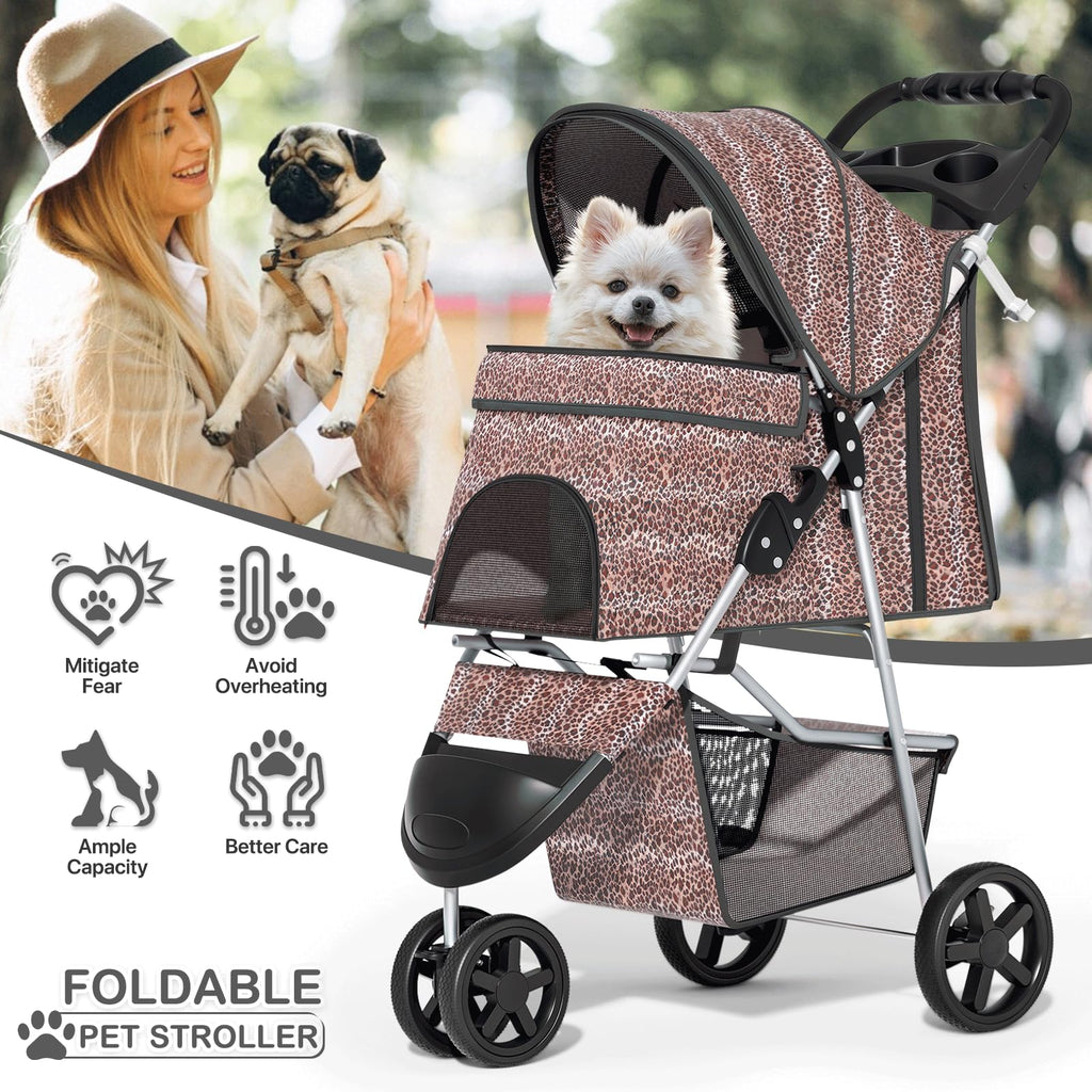 3 Wheels Pet Dog Cat Stroller for Small Medium Dogs Cats, Lightweight Foldable Jogger Stroller w/Storage Basket & Cup Holder, Leopard Print