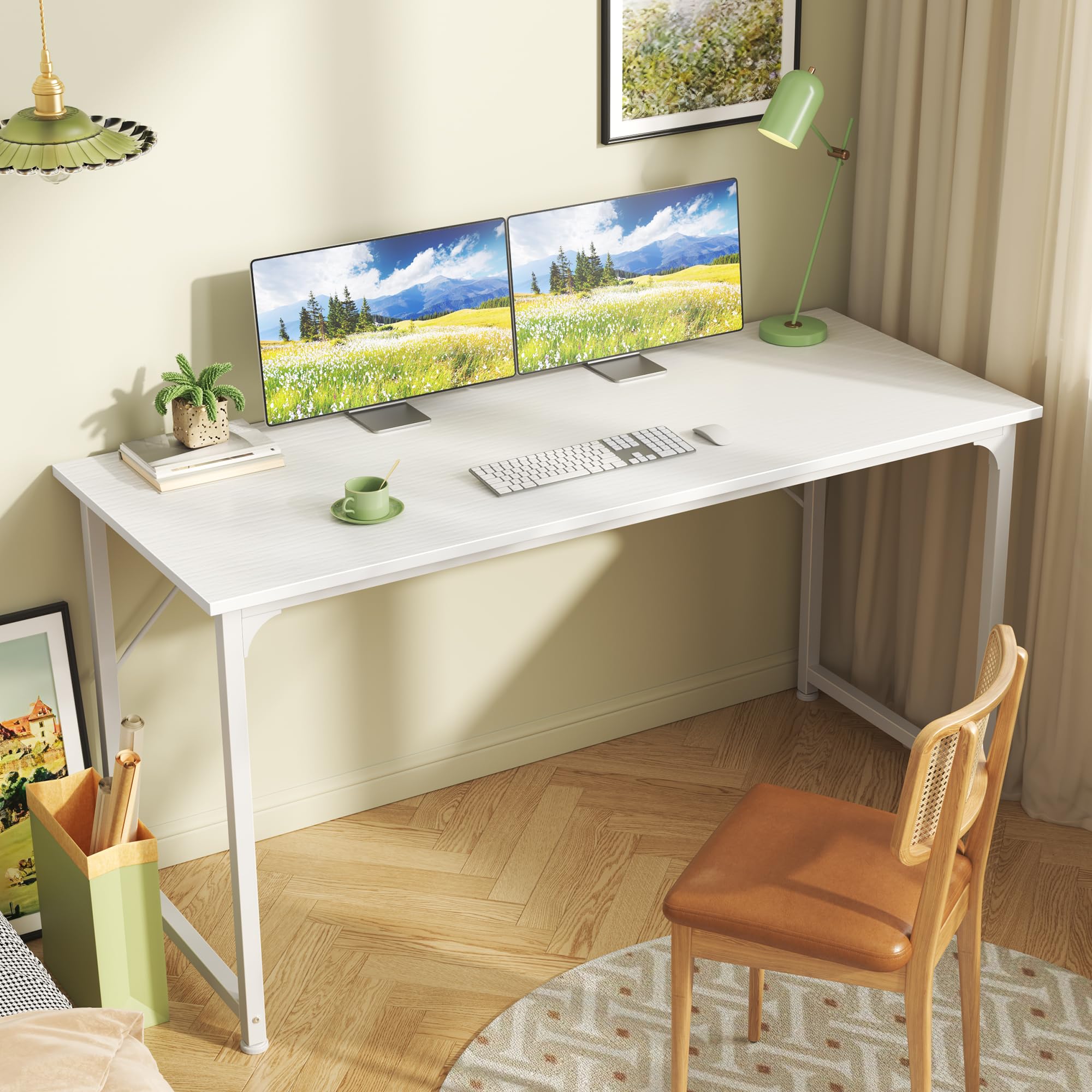 Computer Desk, 55 Inch Home Office Desk, Gaming Writing Work from Home Study Desk, Large Legroom, Sturdy Metal Frame, Modern Simple, White