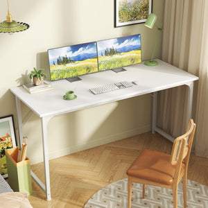 Computer Desk, 55 Inch Home Office Desk, Gaming Writing Work from Home Study Desk, Large Legroom, Sturdy Metal Frame, Modern Simple, White