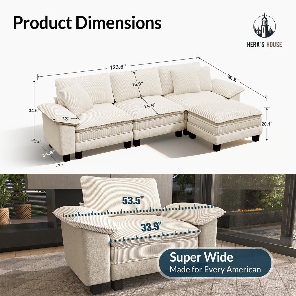 124" Modular Sectional Sofa, Oversized L Shaped Couches for Living Room, Comfy Cloud Couch with Ottoman, 4-Seater Deep Seat Sofa with Throw Pillow, Corduroy and Chenille Beige