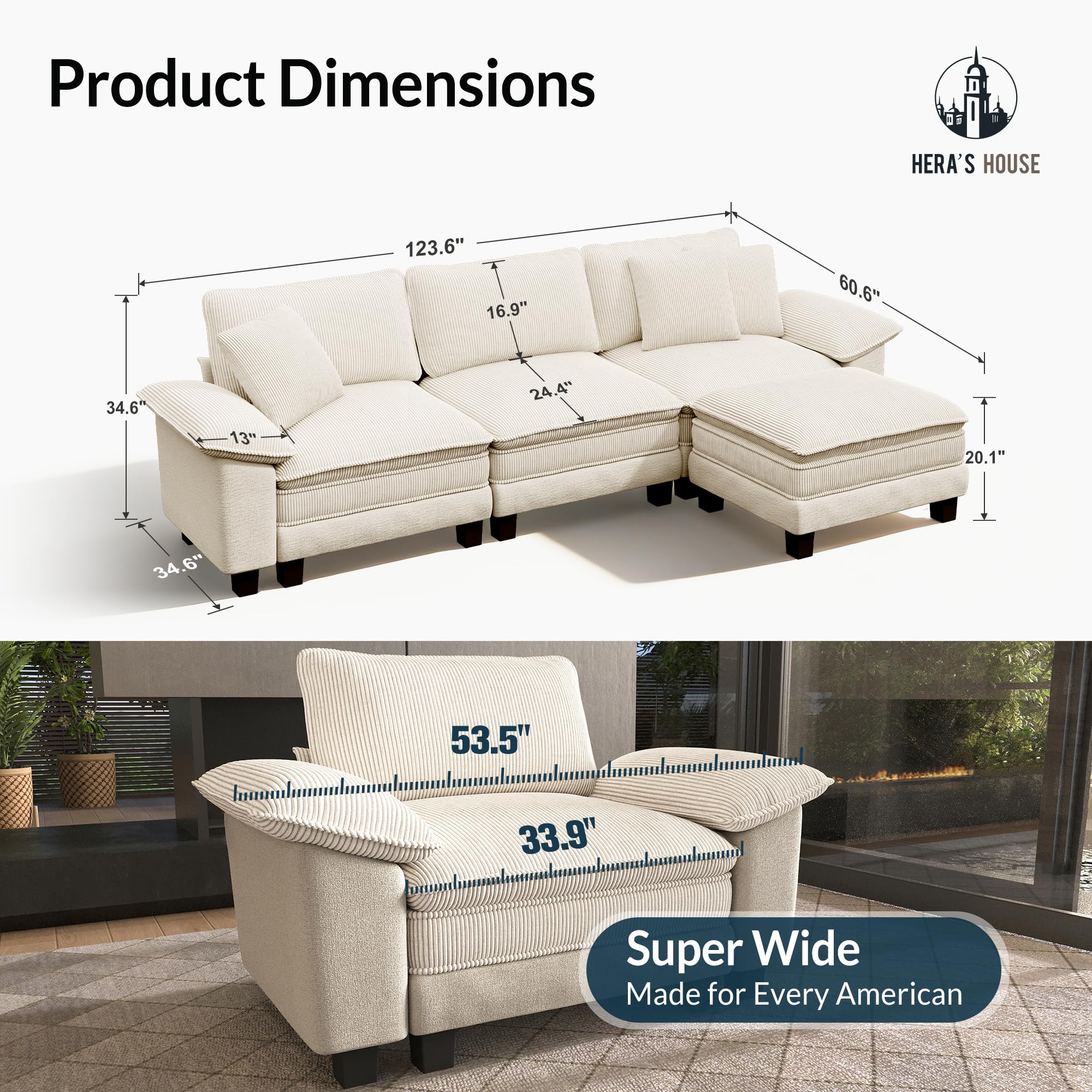 124" Modular Sectional Sofa, Oversized L Shaped Couches for Living Room, Comfy Cloud Couch with Ottoman, 4-Seater Deep Seat Sofa with Throw Pillow, Corduroy and Chenille Beige
