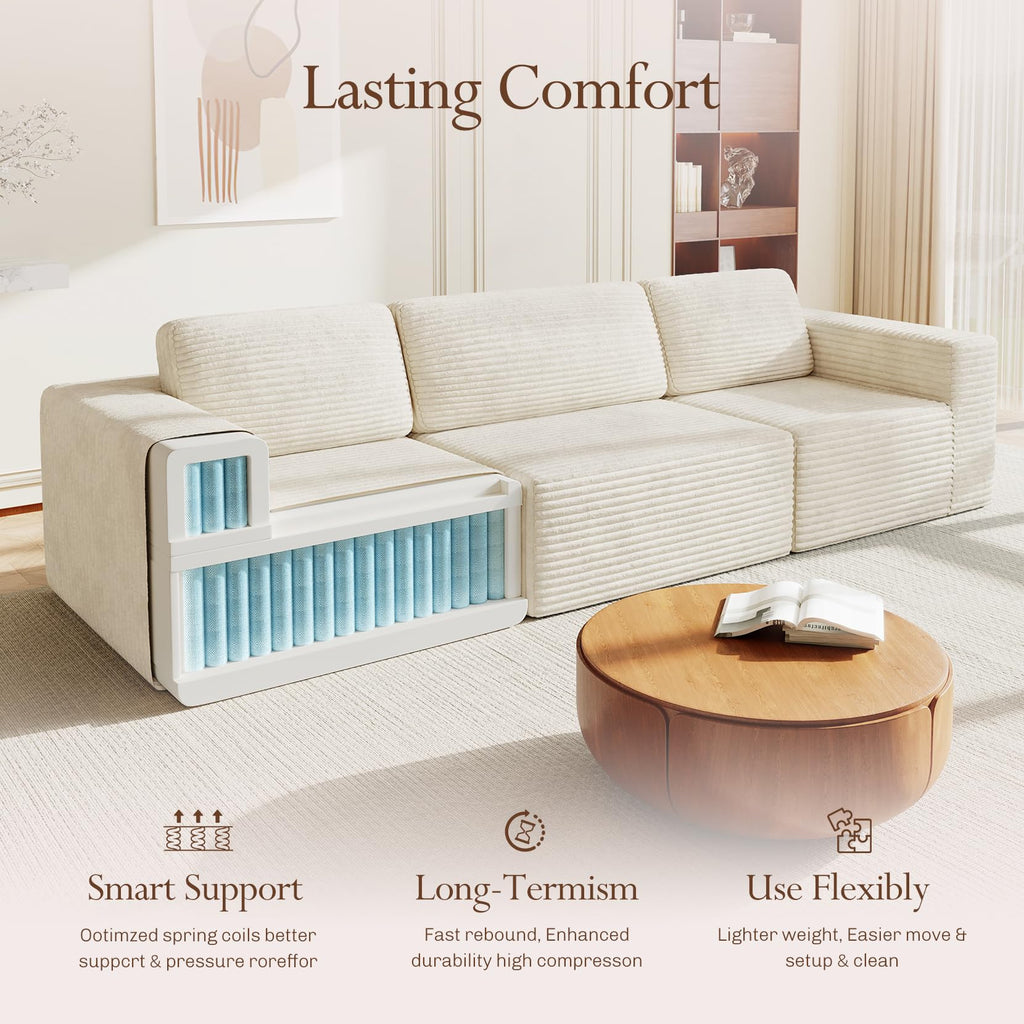 119" Modular Sectional Sofa, Corduroy Cloud Couch with Deep Seating & Spring Support, 3 Seater Flexible Layout Sofa, Boneless Couch for Living Room & Apartment, No Assembly Required, Beige