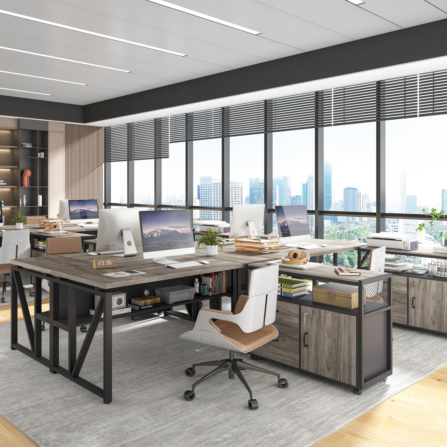 L Shaped Desk with Drawer Cabinet, 63" Executive Computer Desk and lateral File Cabinet, 2 Piece Home Office Furniture with Drawers for Hanging File, Doors with Locks (Gray, 63 inches)