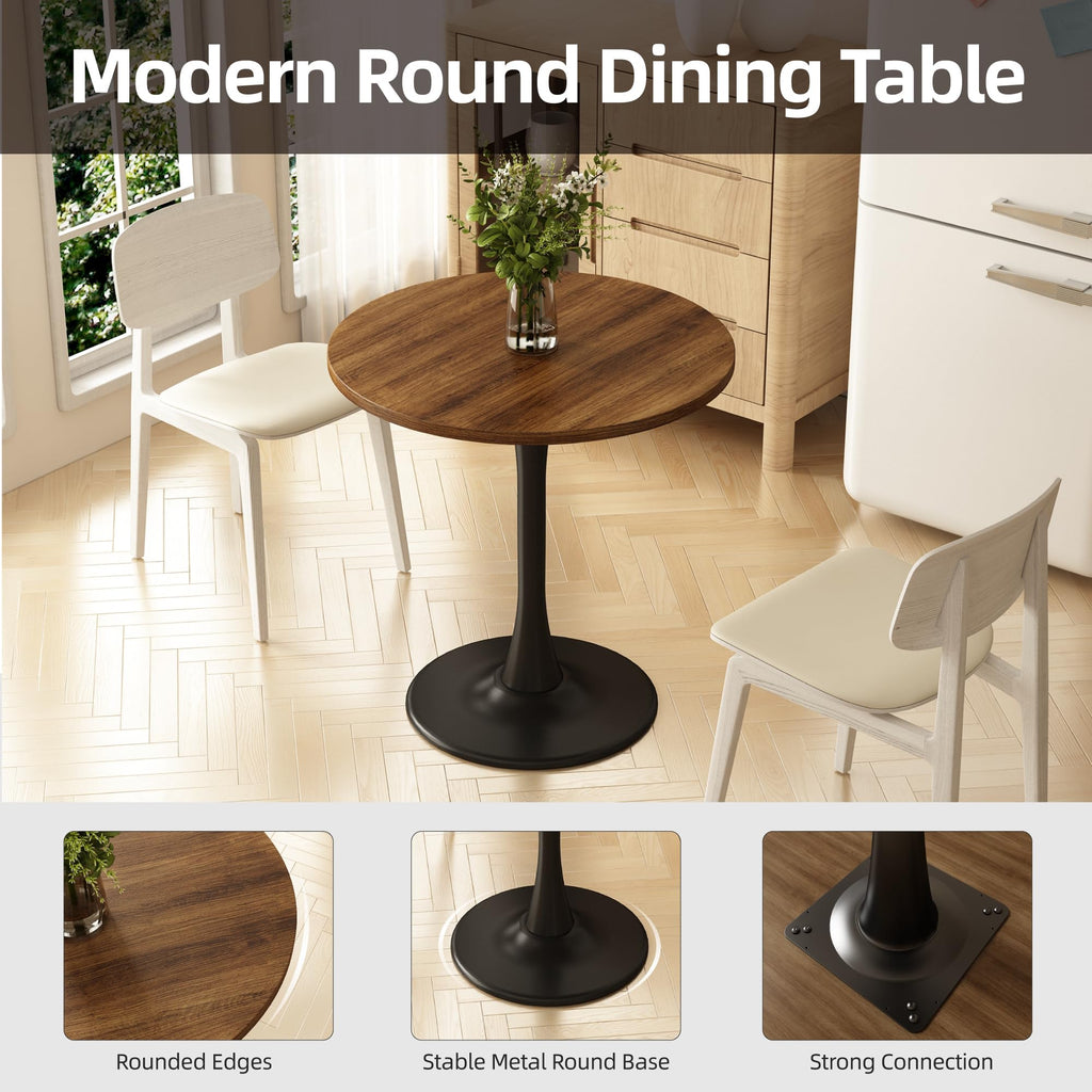 Round Dining Table 27.5" Circle Tulip Table with Wood Thickened Tabletop & Sturdy Metal Pedestal Mid Century Modern Farmhouse Kitchen Tables for 4 Small Places Living Room Cafe,Somber Walnut