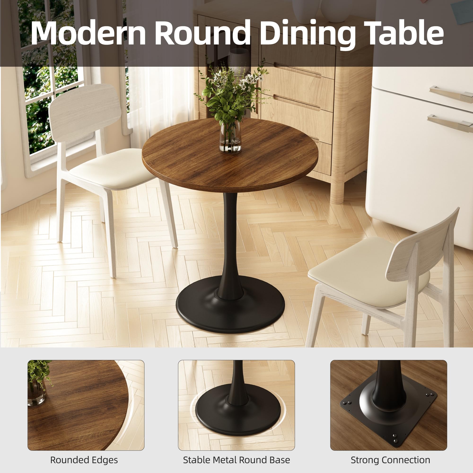 Round Dining Table 27.5" Circle Tulip Table with Wood Thickened Tabletop & Sturdy Metal Pedestal Mid Century Modern Farmhouse Kitchen Tables for 4 Small Places Living Room Cafe,Somber Walnut