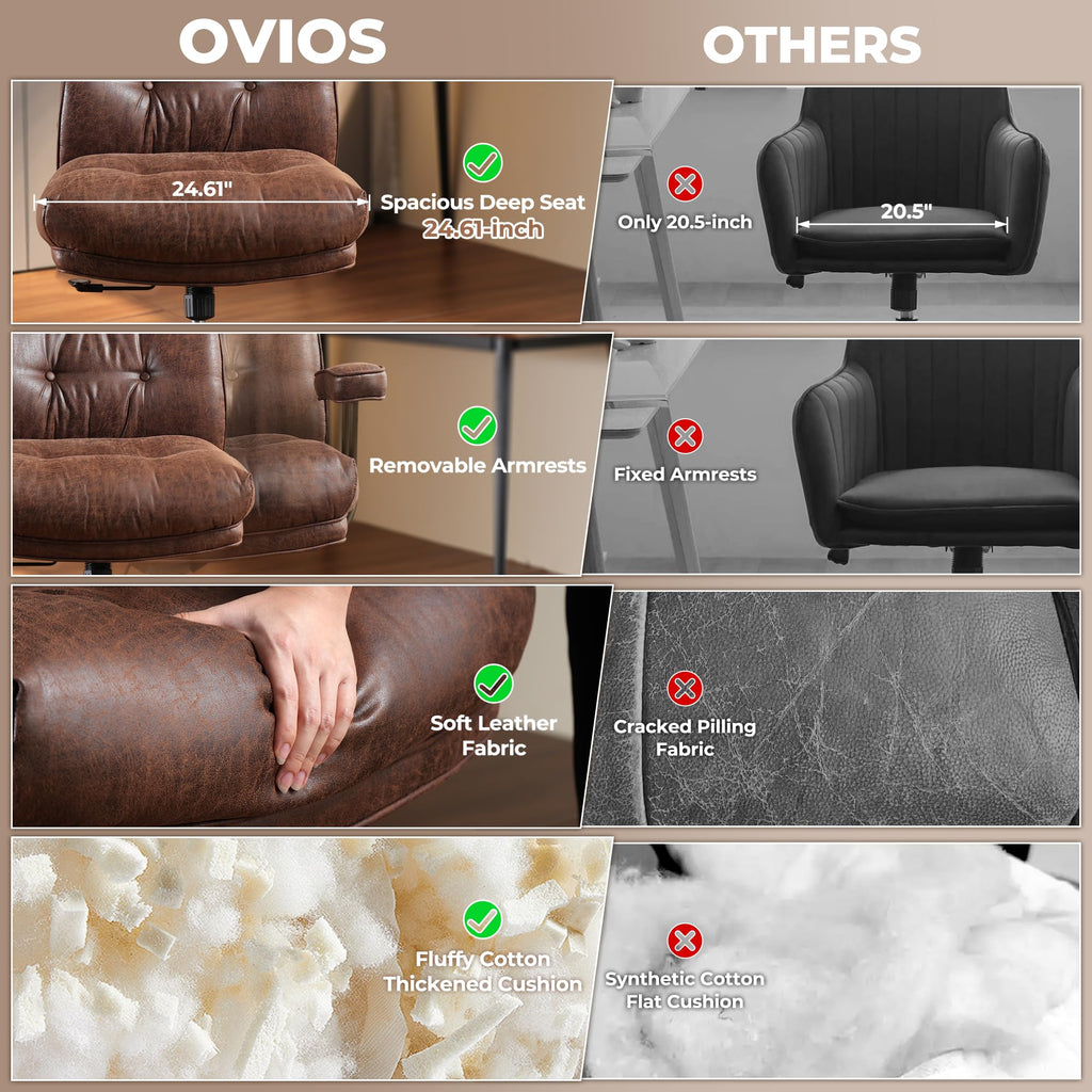 Ergonomic Office Chair, High Back Faux Leather Executive Chairs with Thick Cushion, Comfy Mid-Century Modern Swivel Rolling Computer Armchair (Dark Brown, Suede Leather)