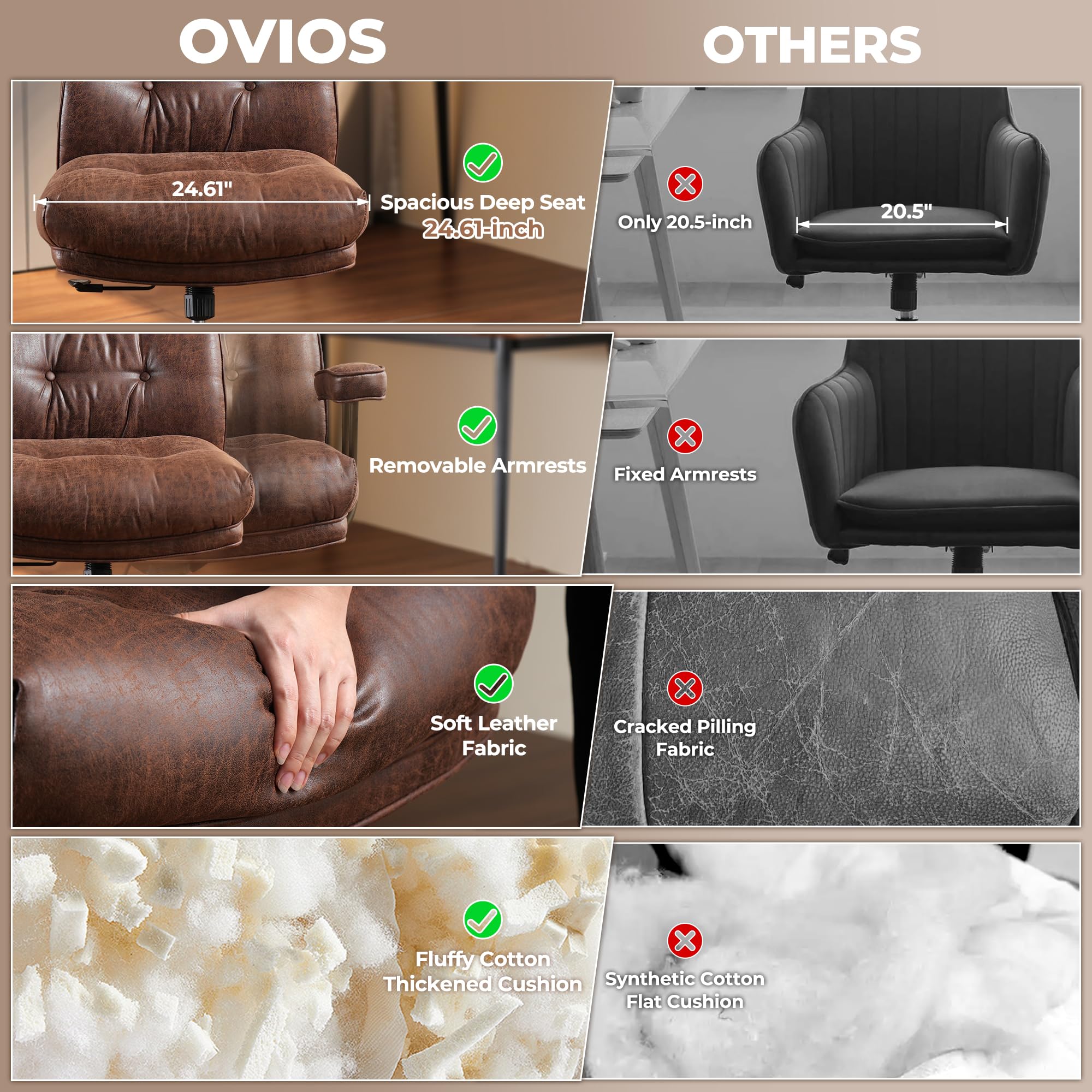 Ergonomic Office Chair, High Back Faux Leather Executive Chairs with Thick Cushion, Comfy Mid-Century Modern Swivel Rolling Computer Armchair (Dark Brown, Suede Leather)