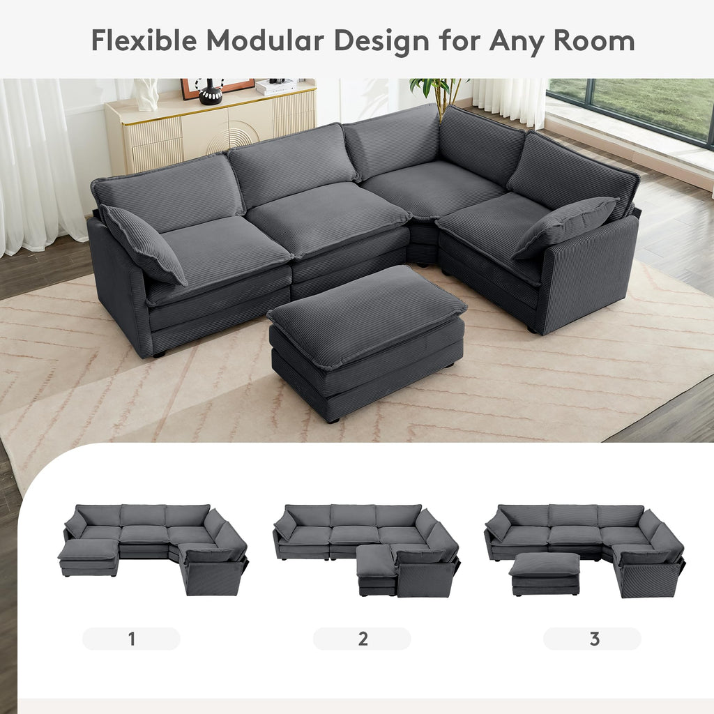 113'' Modular Sectional Cloud Corner Couch, 5 Seater L Shape Sofa Big Comfy Corduroy Oversized Couch with 2 Pillows Movable Ottoman, Deep Seat Sectional Couches for Living Room Office Dark Grey