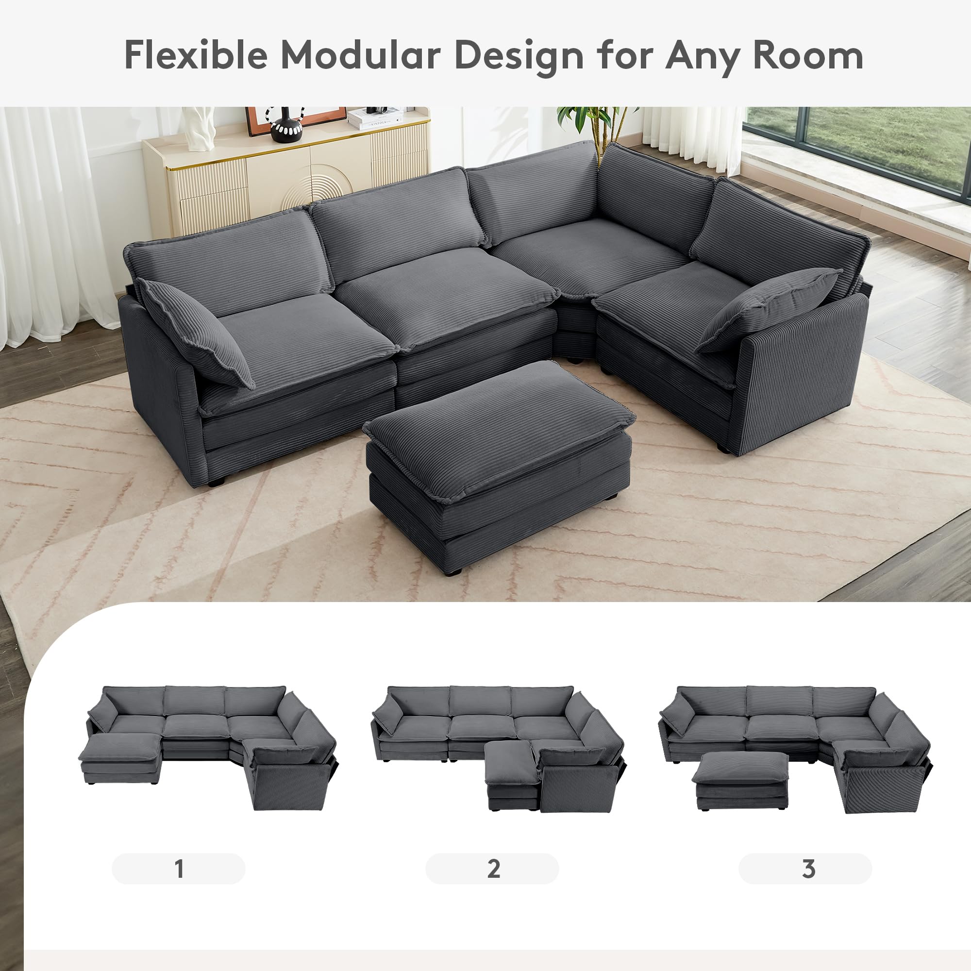 113'' Modular Sectional Cloud Corner Couch, 5 Seater L Shape Sofa Big Comfy Corduroy Oversized Couch with 2 Pillows Movable Ottoman, Deep Seat Sectional Couches for Living Room Office Dark Grey