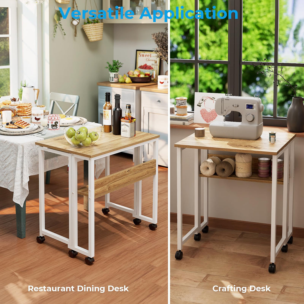 Folding Desk with Wheels, 31.5 Inch Compact Rolling Computer Table with Storage Shelf, Portable Mobile Workstation for Small Spaces, Easy Assembly, Oak