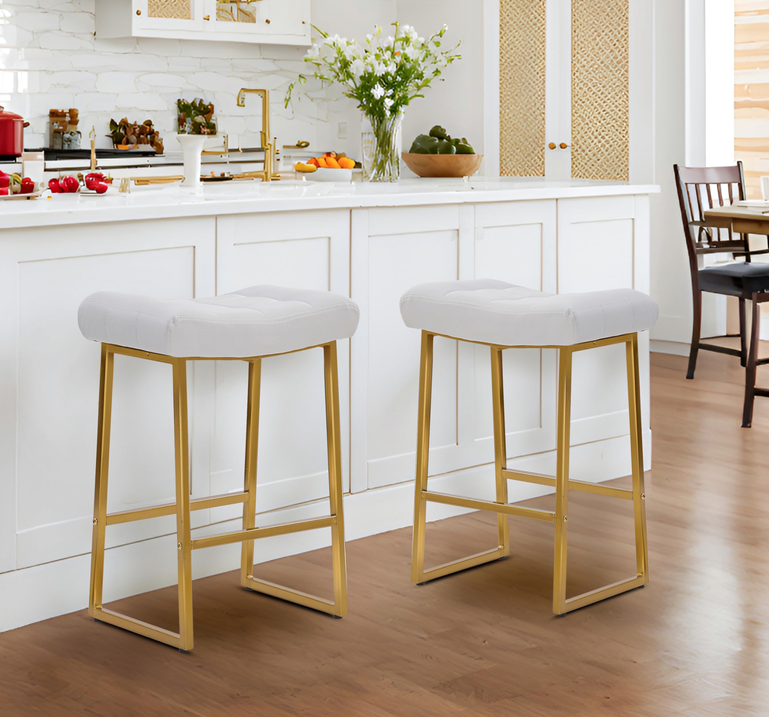 White & Gold Counter Height Bar Stools Set of 2 for Kitchen Counter Backless Kitchen Island Barstools with Upholstered Faux Leather Seat and Gold Base Modern 24 inch Bar Chairs No Back