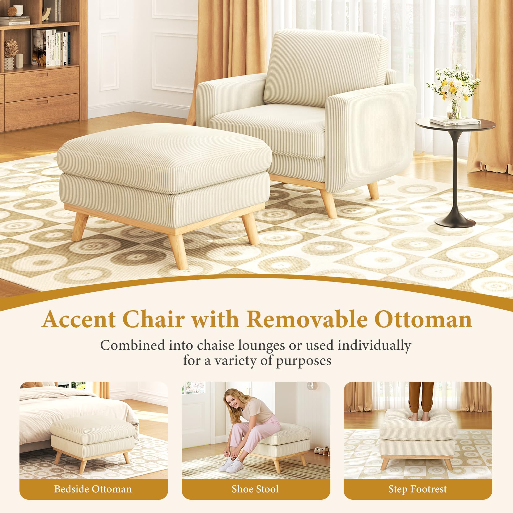 38.5" Accent Chair with Movable Ottoman, Comfy Corduroy Armchair with Spring Cushion, Reading Chair with Ottoman, Modern Single Sofa for Living Room, Bedroom and Apartment, Beige