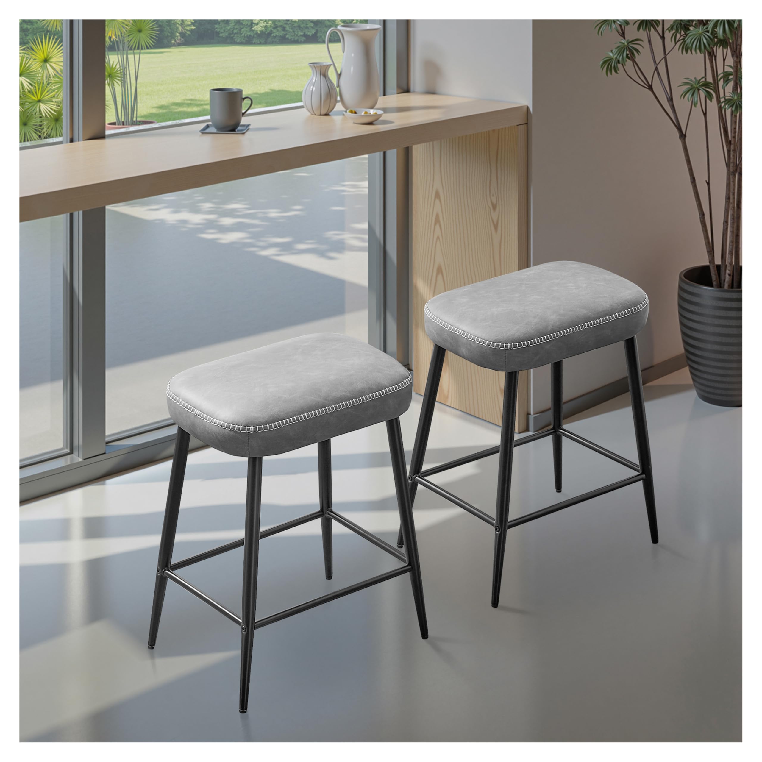 Bar Stools Set of 2, Counter Height Bar Stools for Kitchen Island, 24 Inch Kitchen Bar Stools for Kitchen Counter, Modern Leather Bar Chairs with Footrest and Metal Base, Gray