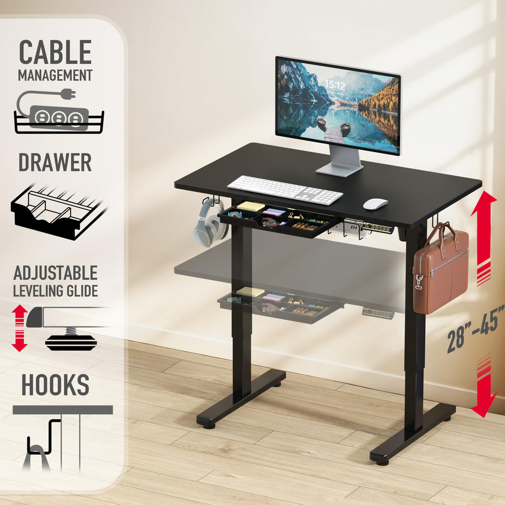 40-Inch Electric Height Adjustable Standing Desk with Drawer, Memory Preset and Cable Management Tray, Black