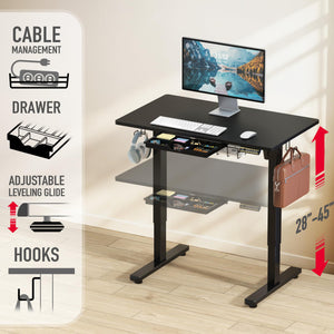 40-Inch Electric Height Adjustable Standing Desk with Drawer, Memory Preset and Cable Management Tray, Black