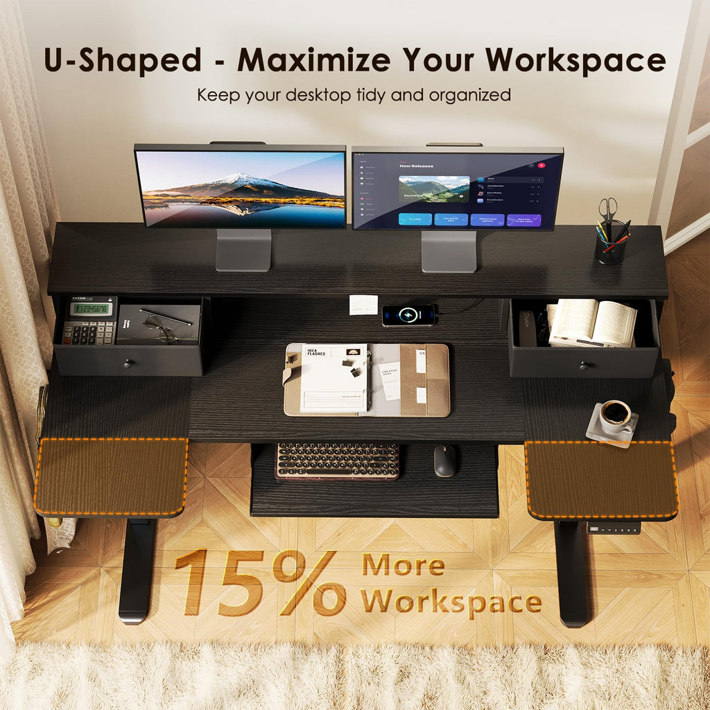 U Shaped Electric Standing Desk with Drawers, 55 Inch Height Adjustable Desk with Keyboard Tray ＆ Ergonomic Monitor Stand, Sit Stand Table with Power Outlets for Home, Office, Black