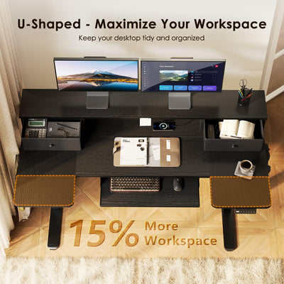 U Shaped Electric Standing Desk with Drawers, 55 Inch Height Adjustable Desk with Keyboard Tray ＆ Ergonomic Monitor Stand, Sit Stand Table with Power Outlets for Home, Office, Black