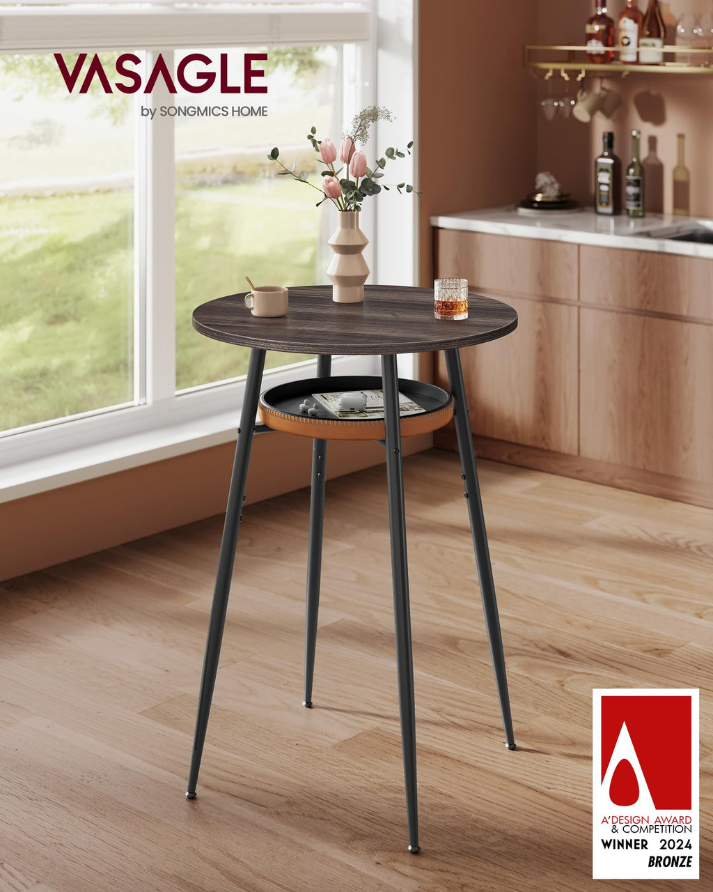 Bar Table with Storage, Round High Pub Table, Synthetic Leather with Stitching, Mid-Century Modern, Kitchen Home Bar, Living Room, Easy Assembly, Ash Brown and Caramel Brown