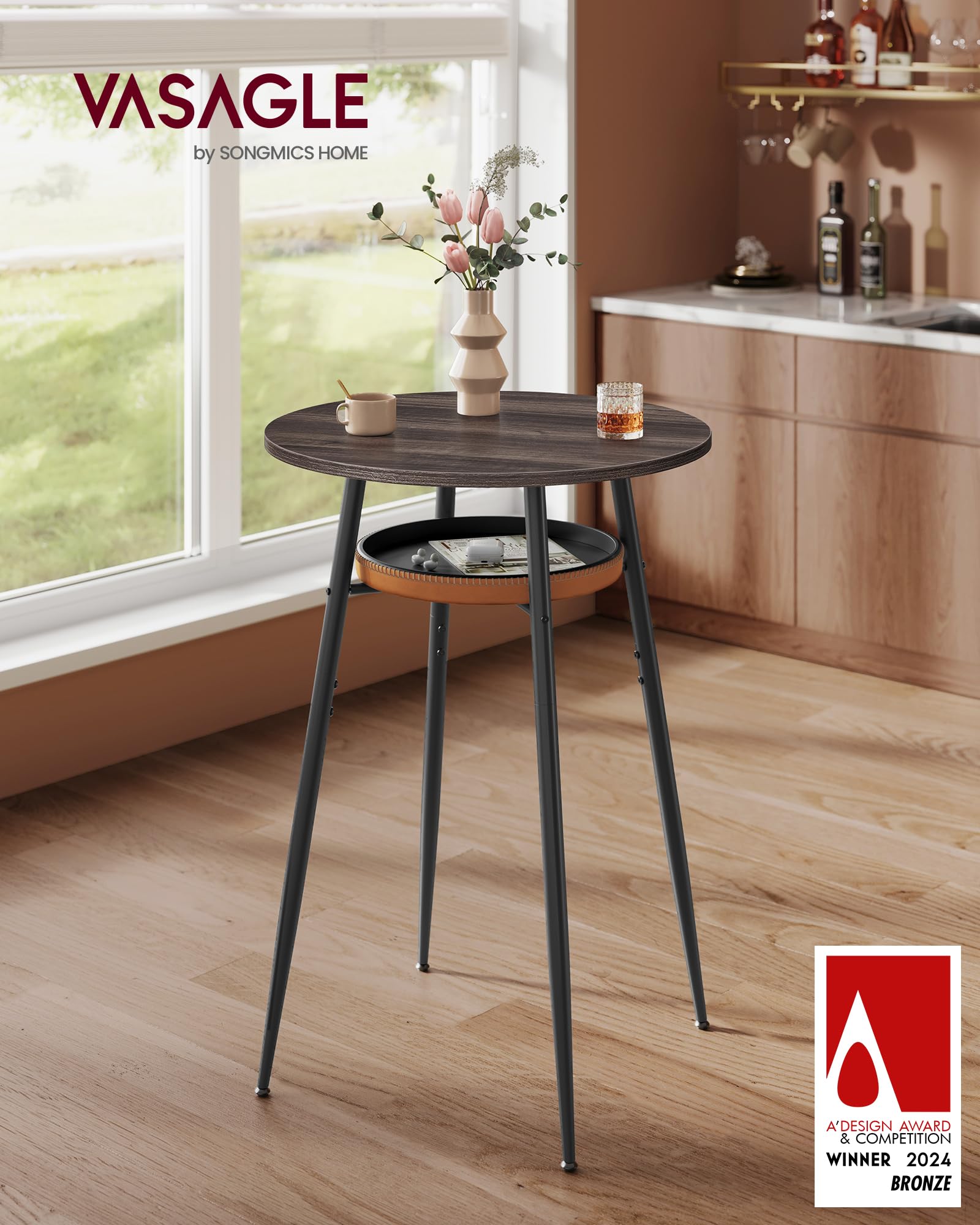 Bar Table with Storage, Round High Pub Table, Synthetic Leather with Stitching, Mid-Century Modern, Kitchen Home Bar, Living Room, Easy Assembly, Ash Brown and Caramel Brown