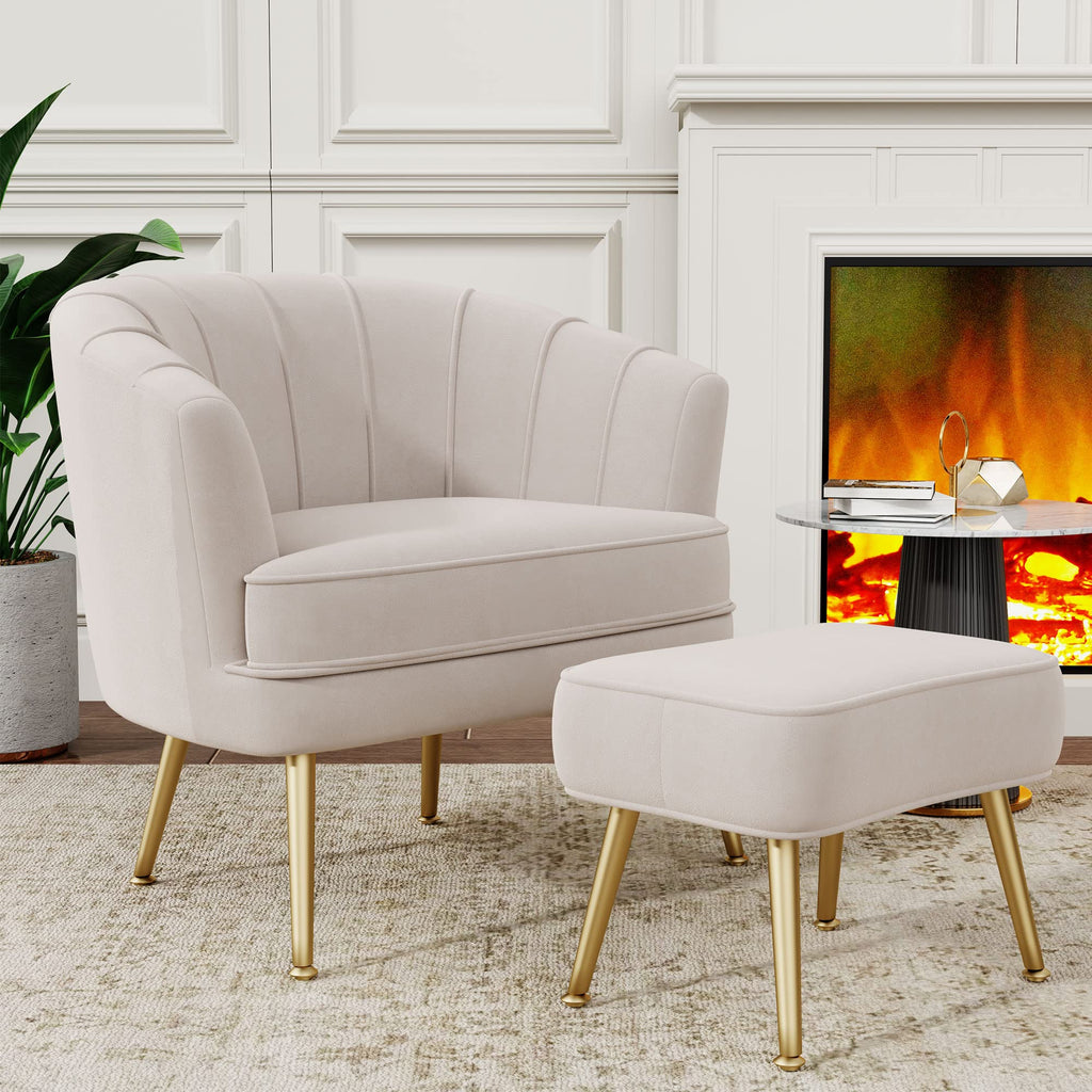 Velvet Accent Chair with Ottoman, Upholstered Modern Single Sofa Side Chair,Comfy Barrel Club Living Room Armchair with Golden Metal Legs for Bedroom Living Reading Room Office, Beige