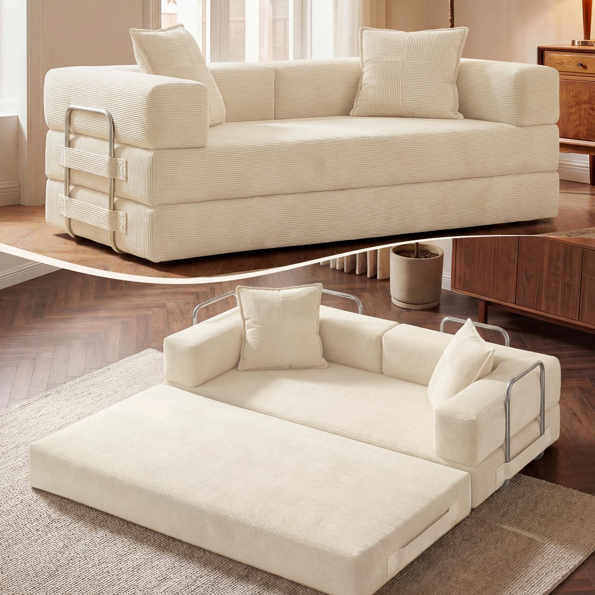 78 Inch Convertible Sofa Bed, 5-in-1 Futon Sofa Bed Pull Out Couch, Boneless Couch Bed for Living Room, Corduroy Boneless Couches for Bedroom, Apartment, No Assembly Sleeper Sofa Bed, Beige
