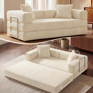 78 Inch Convertible Sofa Bed, 5-in-1 Futon Sofa Bed Pull Out Couch, Boneless Couch Bed for Living Room, Corduroy Boneless Couches for Bedroom, Apartment, No Assembly Sleeper Sofa Bed, Beige