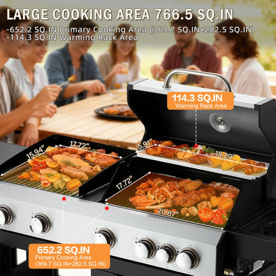 3 IN 1 Pizza Griddle Grill Combo, 74,000 BTU 5 Burner Stainless Steel Propane Gas Grill with Side Burner,Pizza Oven, Griddle and Porcelain Enameled Cast Iron Grates for Outdoor Patio Backyard