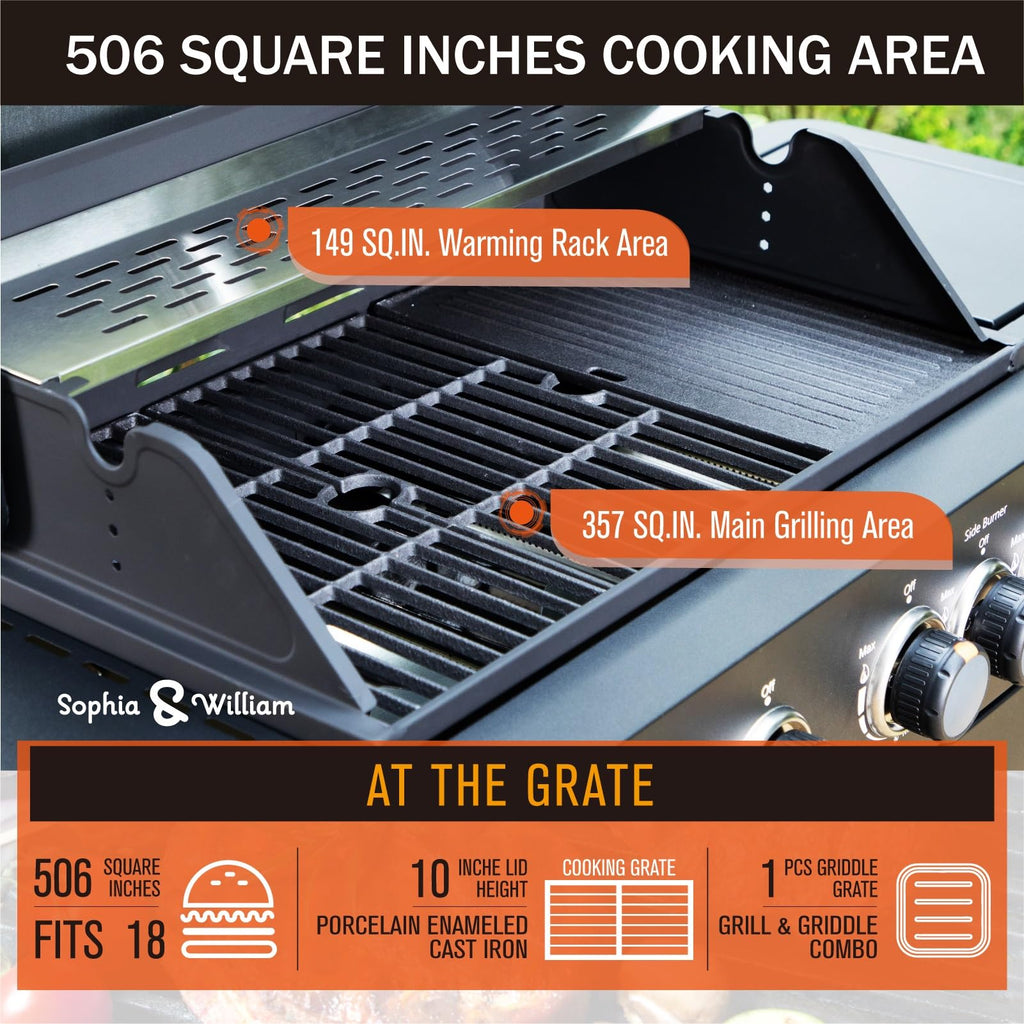 4-Burner Gas BBQ Grill with Side Burner & Porcelain-Enameled Cast Iron Grates, Outdoor Cooking Propane Grills Cabinet Style Garden Barbecue Grill, 46,700BTU, Black