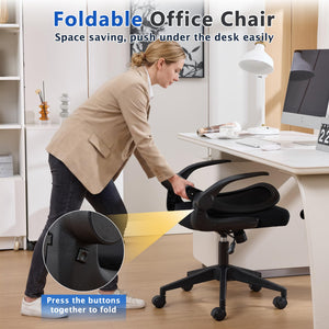 Foldable Office Chair for Small Spaces | Home Office Folding Desk Chairs with Wheels and Flip Up Arms | Ergonomic Mesh Computer Chair for Adults & Kids(2PCS Black)