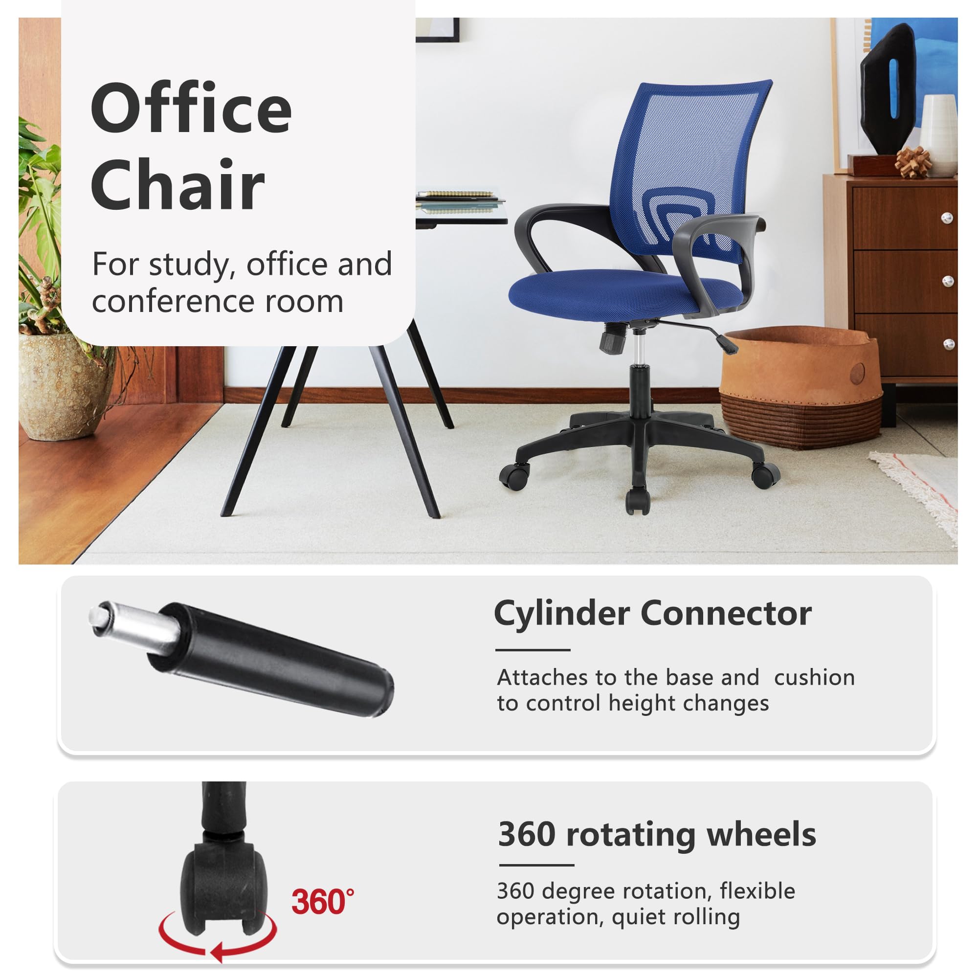 Ergonomic Office Chair | Mid-Back Swivel Desk Chair | Breathable Backrest & Lumbar Support | Adjustable Height | Sponge Seat | Rolling Wheels | Dark Blue | for Adults & Women