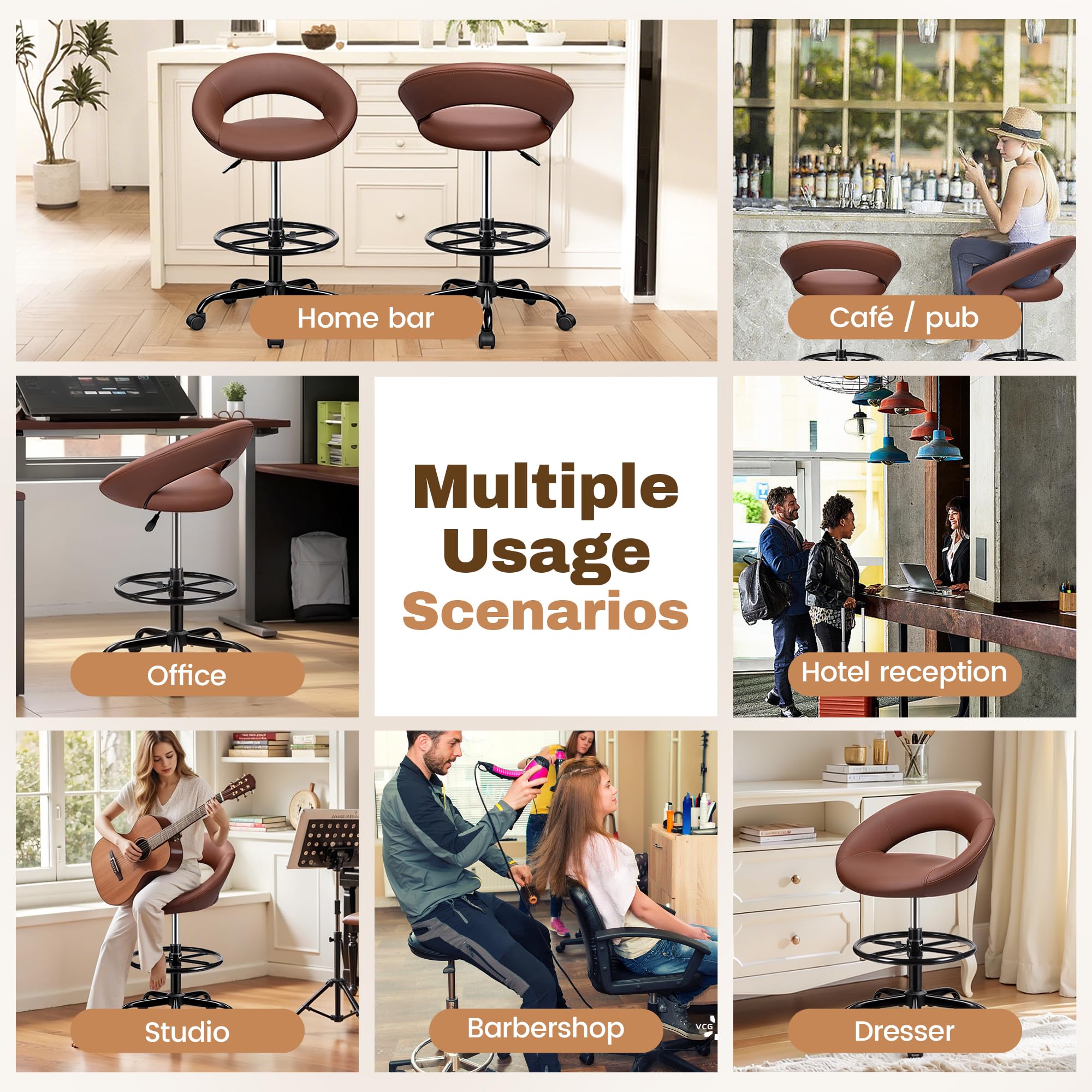 Brown 4 Pack, Drafting Chair with Back, Height Adjustable Rolling Stool with Foot Rest, Tall 360° Swivel Stool PU Leather Chair with Wheels for Home Office, Standing Desk