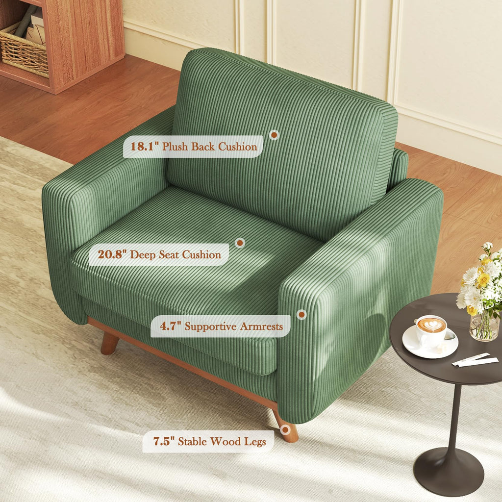 38.5" Accent Chair Green, Comfy Corduroy Single Sofa Seat with Spring Cushion, Upholstered Armchair with Deep Seat, Reading Chair for Adults, Modern Sofa for Living Room, Bedroom