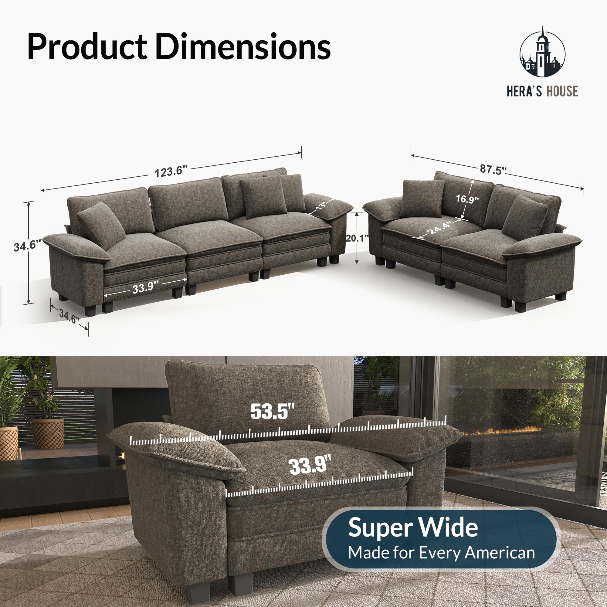 2 Pieces Modular Sectional Sofa Sets, Oversized Couch Set with Loveseats, Comfy Cloud Couches with Throw Pillows, 5-Seater Deep Seat Sofa for Living Room, Chenille Ash