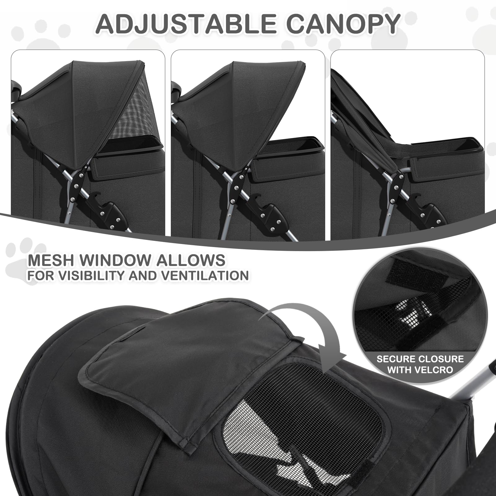 Foldable Pet Stroller with Weather Cover, 3 Wheels Pet Strolling Cart for Small/Medium Dogs and Cats with Storage Basket and Cup Holder, Breathable and Visible Mesh for All-Season, Black