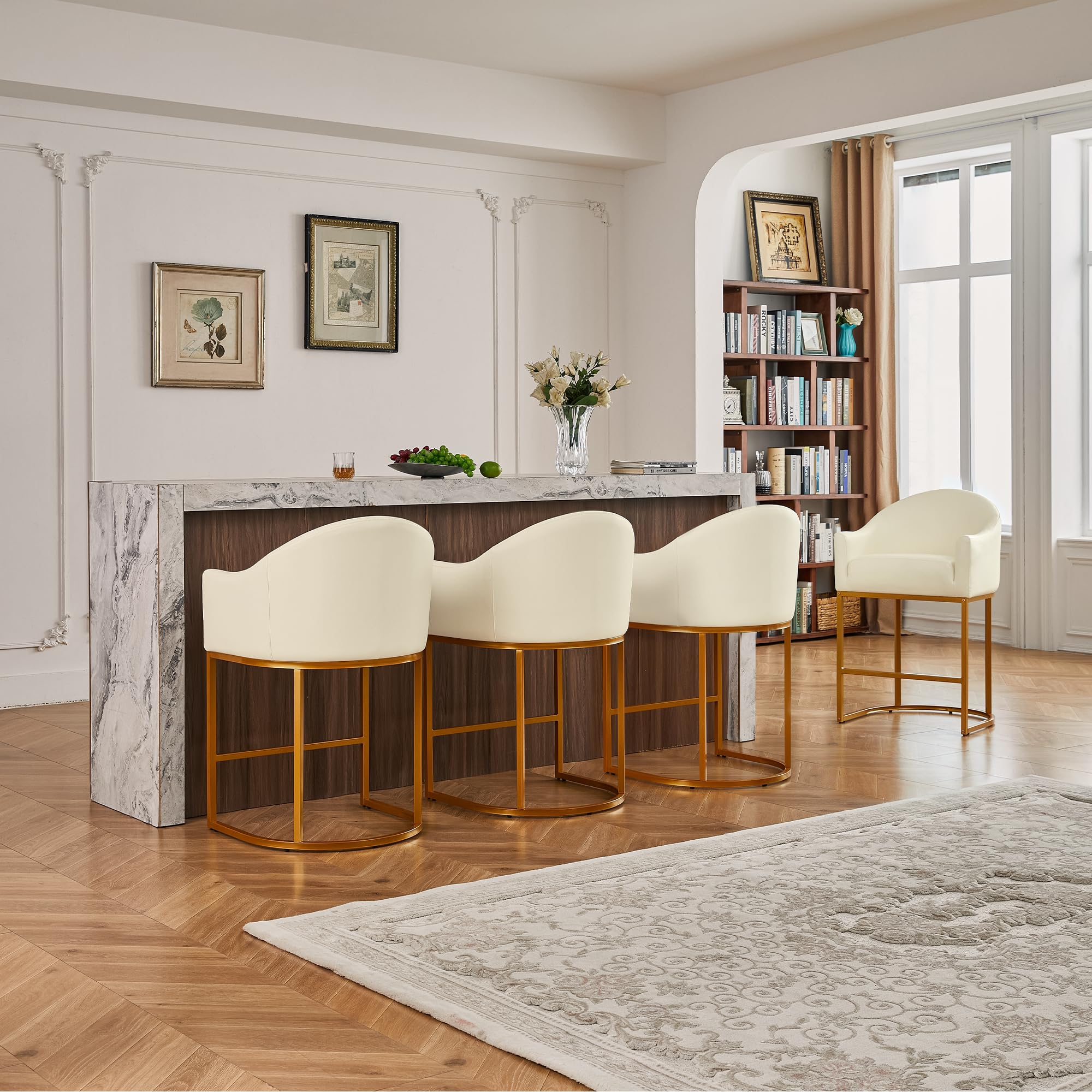 Counter Height Bar Stools Set of 3,Modern Counter Height Bar Stools,PU Leather Upholstered Barrel Barstools with Backs,26'' Kitchen Island Chairs,Metal Gold Frames,Beige White Leather
