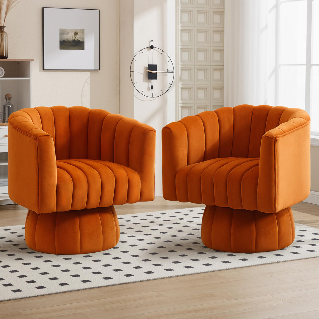Swivel Accent Barrel Chair, Cute Comfy Small Round 360° Arm Chair, Velvet Sofa Club Reading Chair for Living Room, Bedroom, Office, Orange