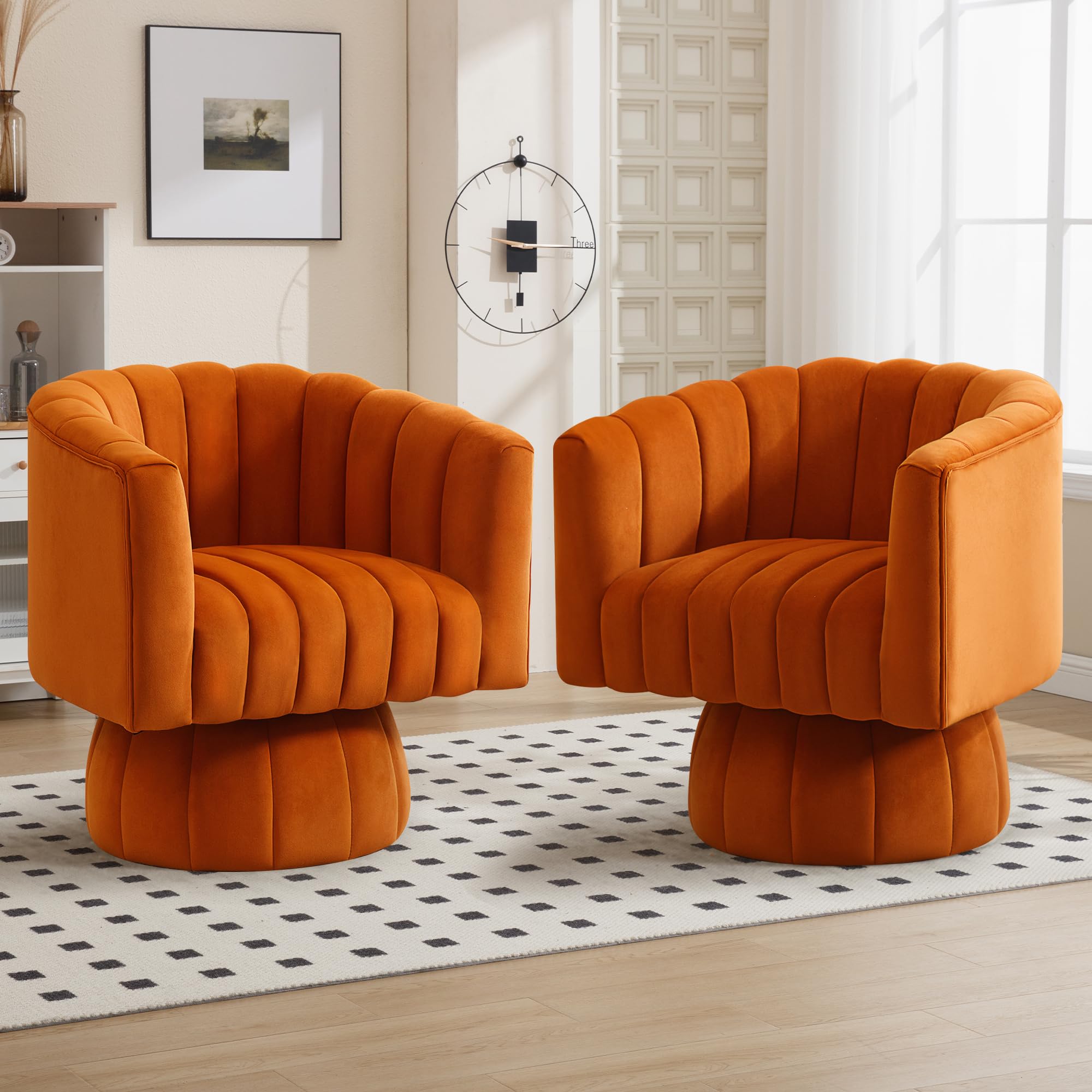 Swivel Accent Barrel Chair Set of 2- Cute Comfy Small Round 360° Arm Chair Velvet Sofa Club Reading Chair for Living Room Bedroom Office Orange